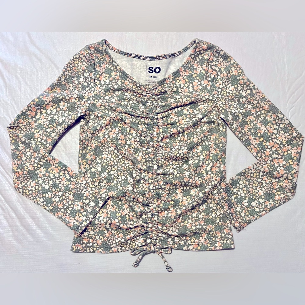 So Girls Long Sleeve Floral Ruched Front Shirt Top Size Medium M (8)